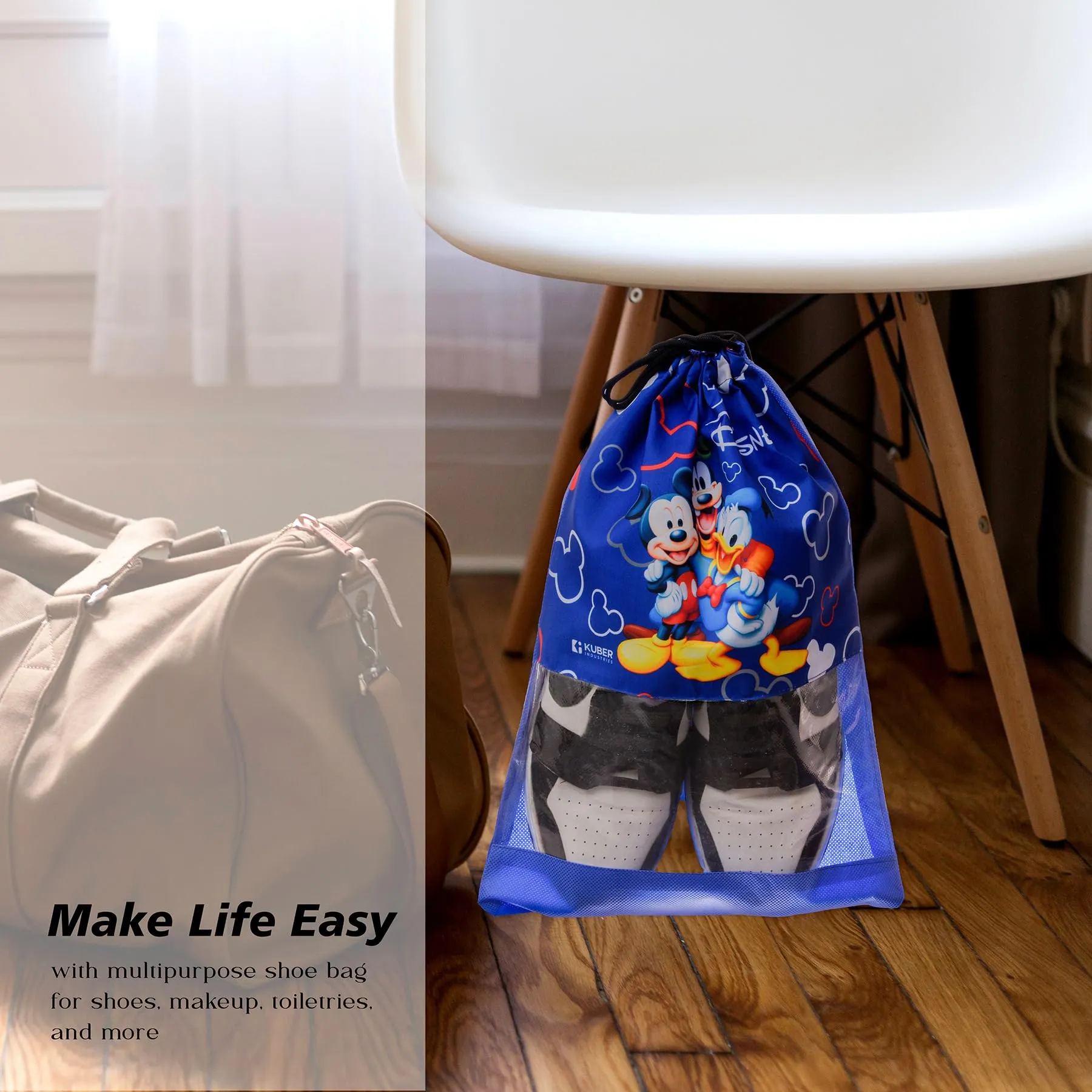 Kuber Industries Disney Team Mickey Shoe Cover | Travel Shoe Storage Bags | Polyester Storage Bag | Drawstring Shoe Cover | Shoe Organizer with Clear Window | Pack of 12 | Blue