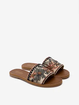 LUNA BLU Beige Floral Tropical-Embroidered Slides