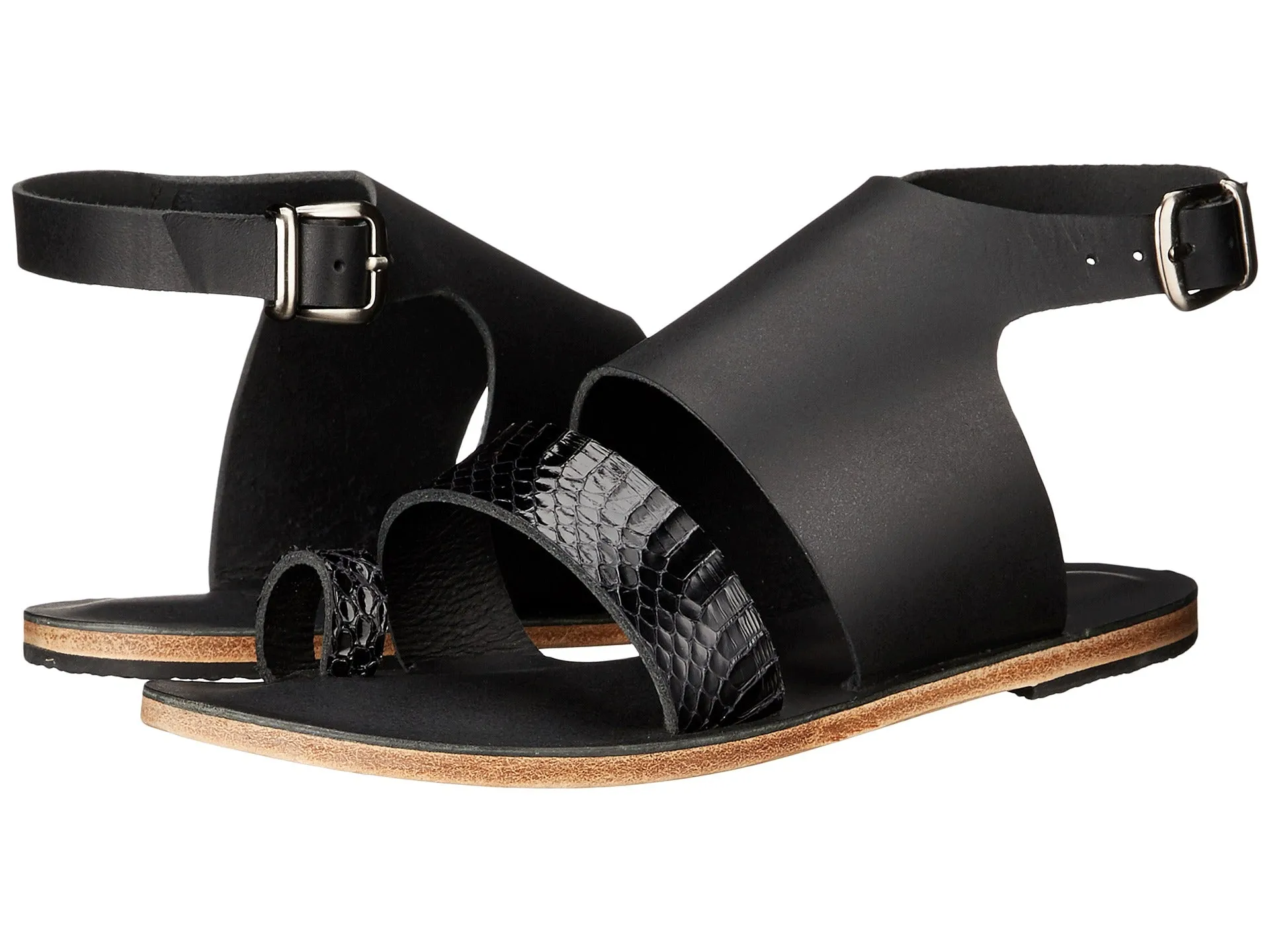 Melrose Avenue - Toe Loop With Snake Skin Leather Sandal | Black