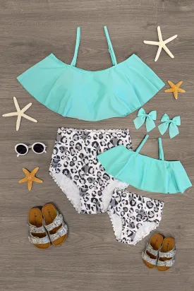 Mom & Me - Mint Cheetah Ruffle Bikini