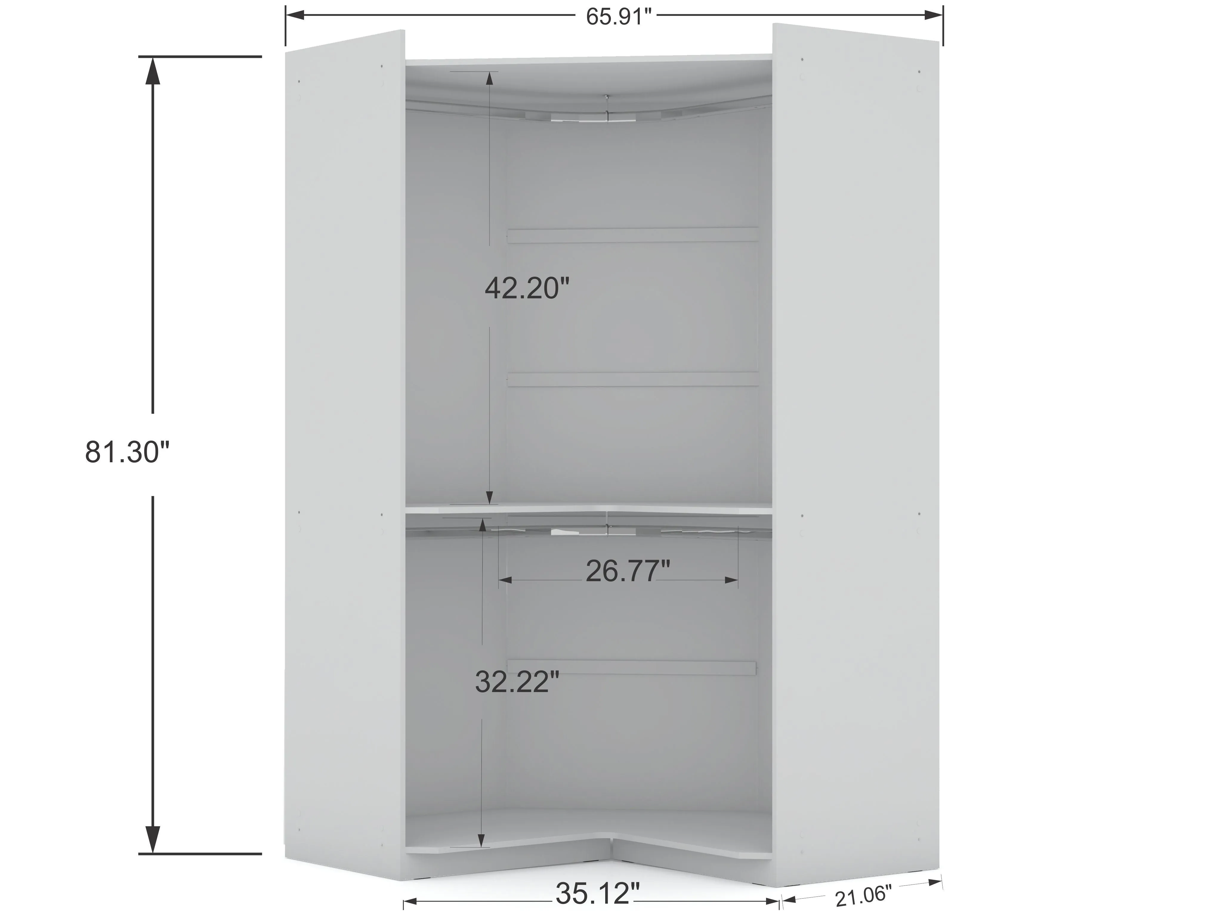 Mulberry 2.0 Modern Corner Wardrobe Closet with 2 Hanging Rods in White