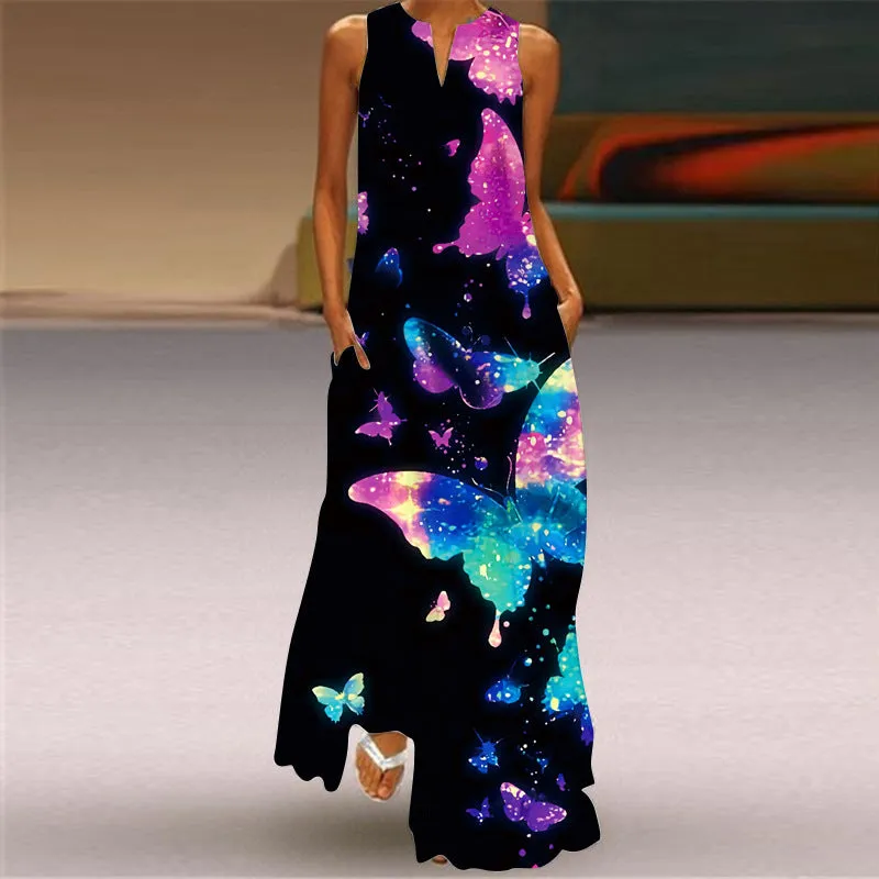 Nsqured European American Fashion Floral Print Pocket Long Dress