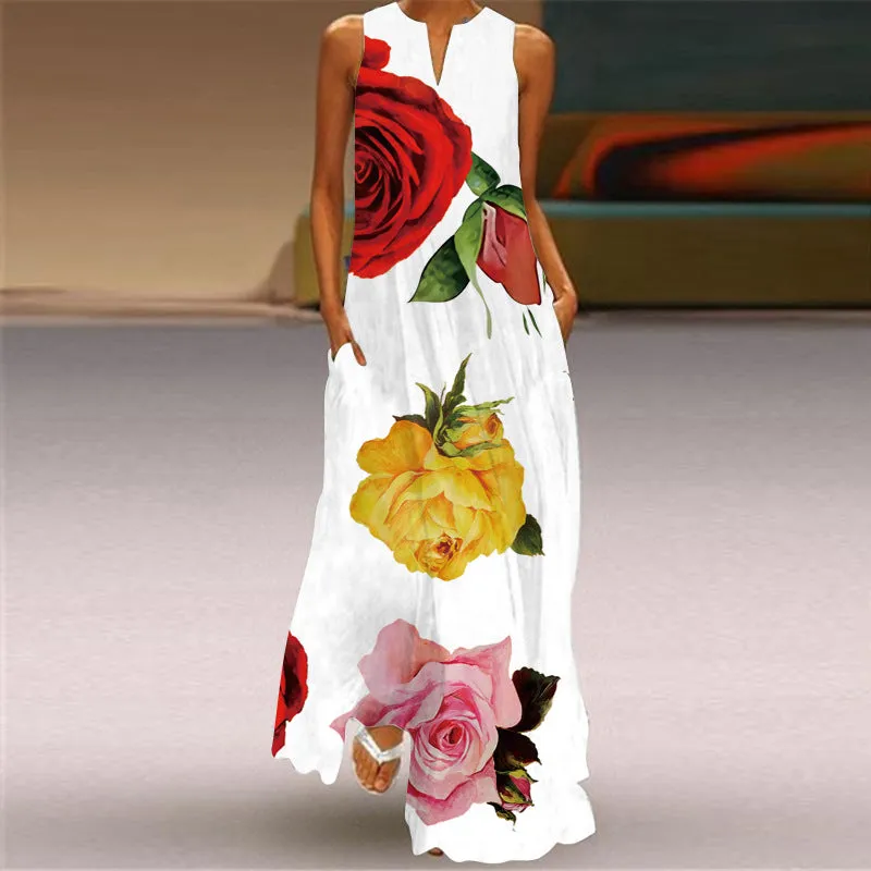 Nsqured European American Fashion Floral Print Pocket Long Dress