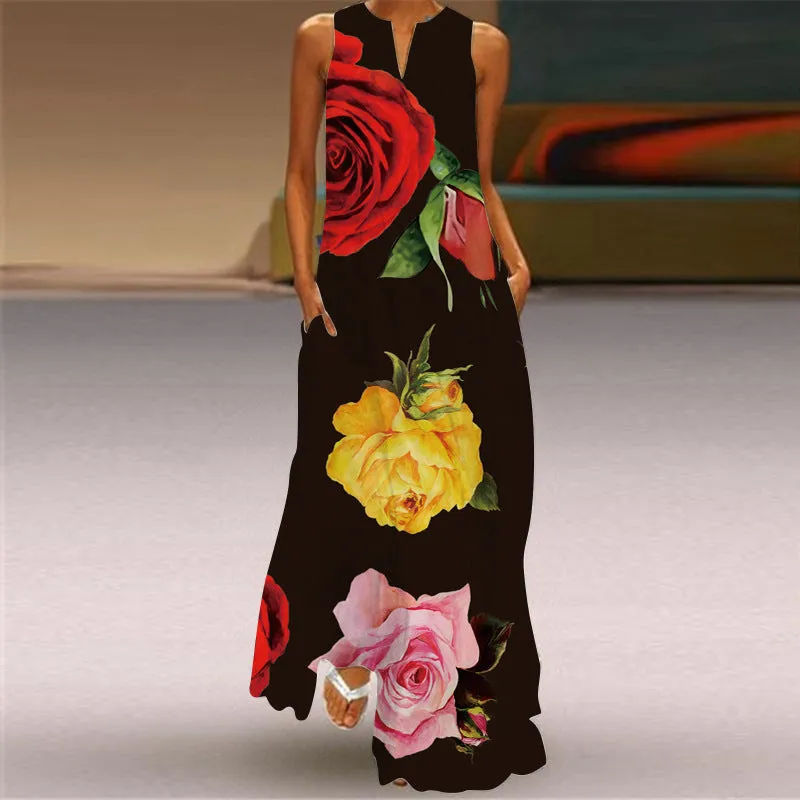 Nsqured European American Fashion Floral Print Pocket Long Dress