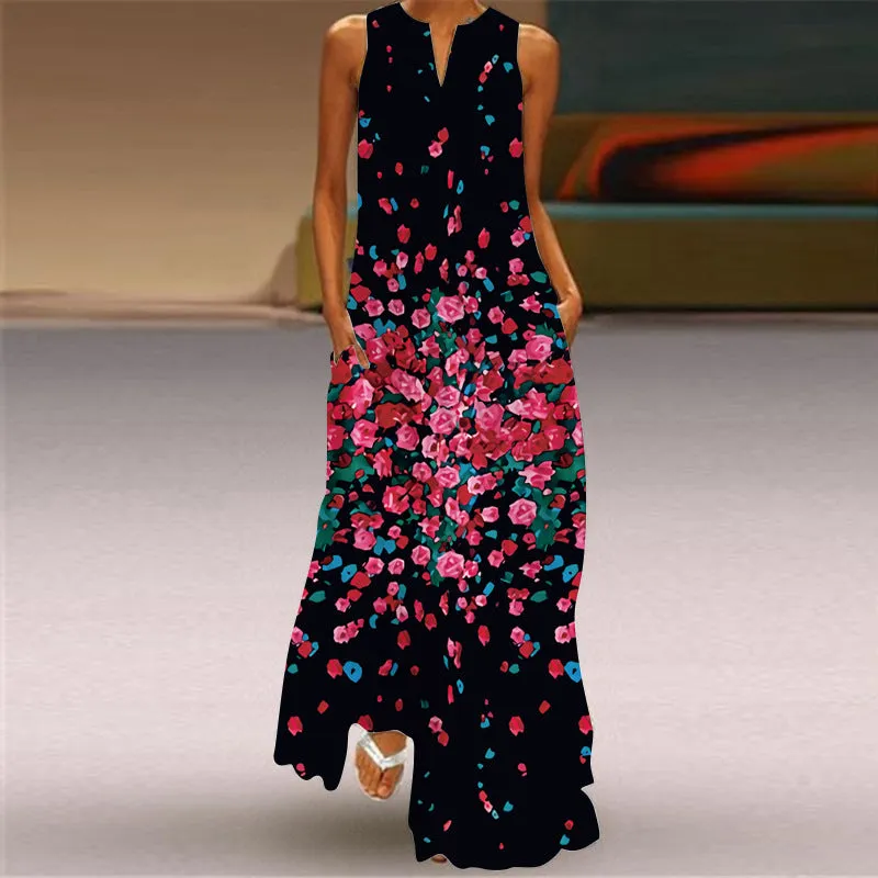 Nsqured European American Fashion Floral Print Pocket Long Dress