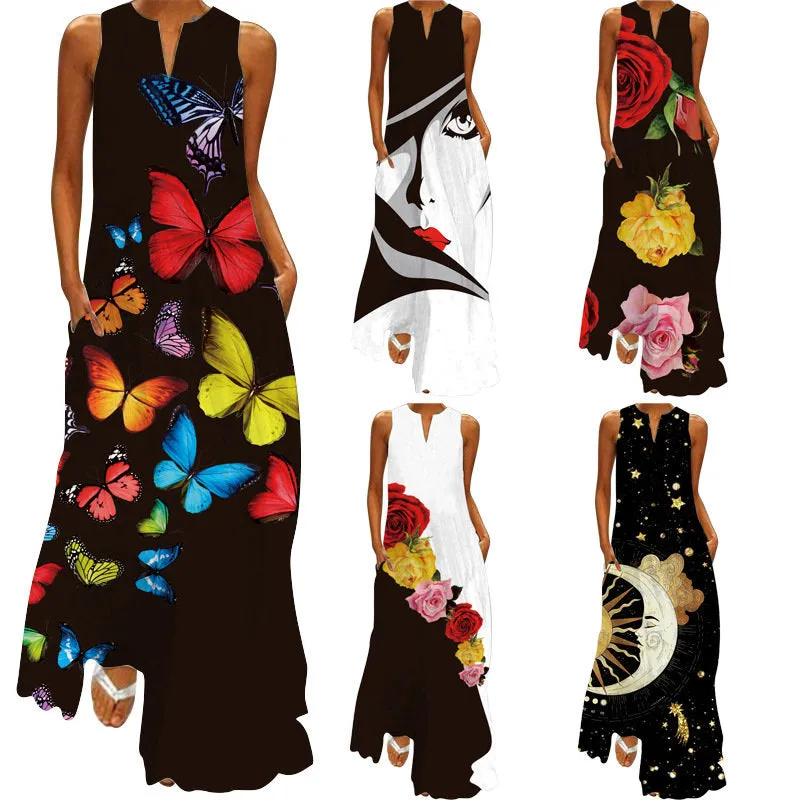 Nsqured European American Fashion Floral Print Pocket Long Dress