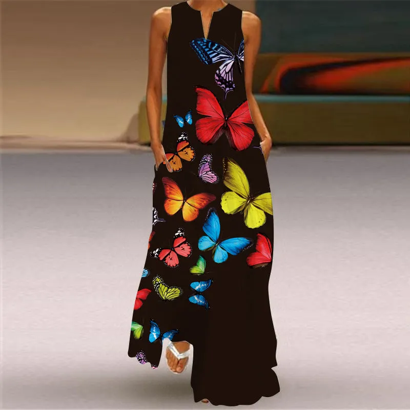 Nsqured European American Fashion Floral Print Pocket Long Dress