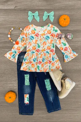 Pumpkins & Gourds Peplum Denim Pant Set