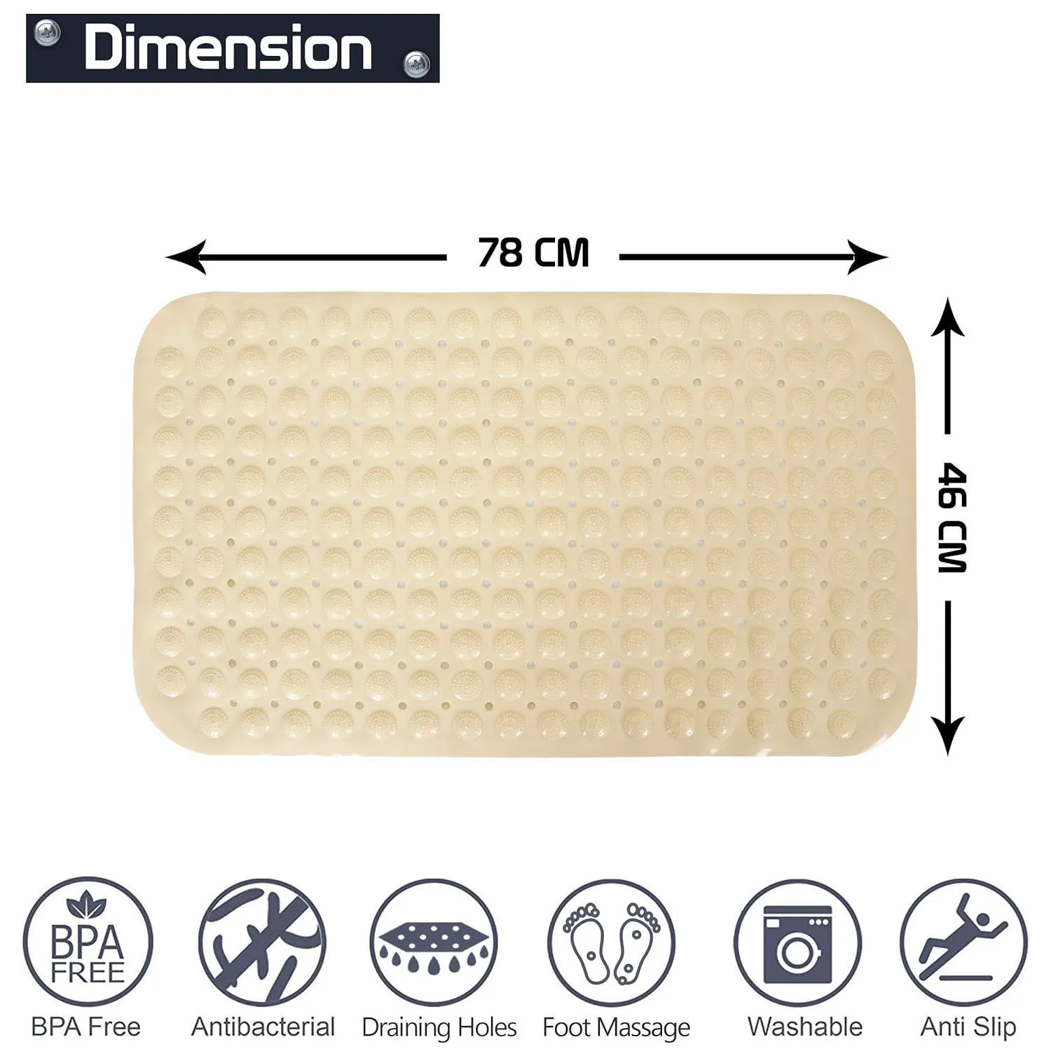 PVC Shower Mat Anti-Slip with Massage Acupressure Points, 46x78 cm, Beige