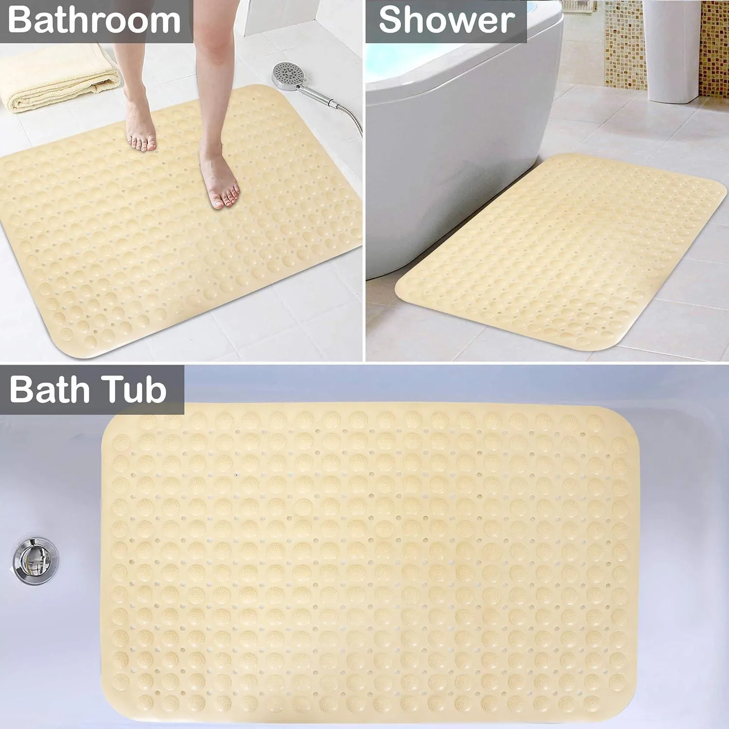 PVC Shower Mat Anti-Slip with Massage Acupressure Points, 58x88 cm, Beige