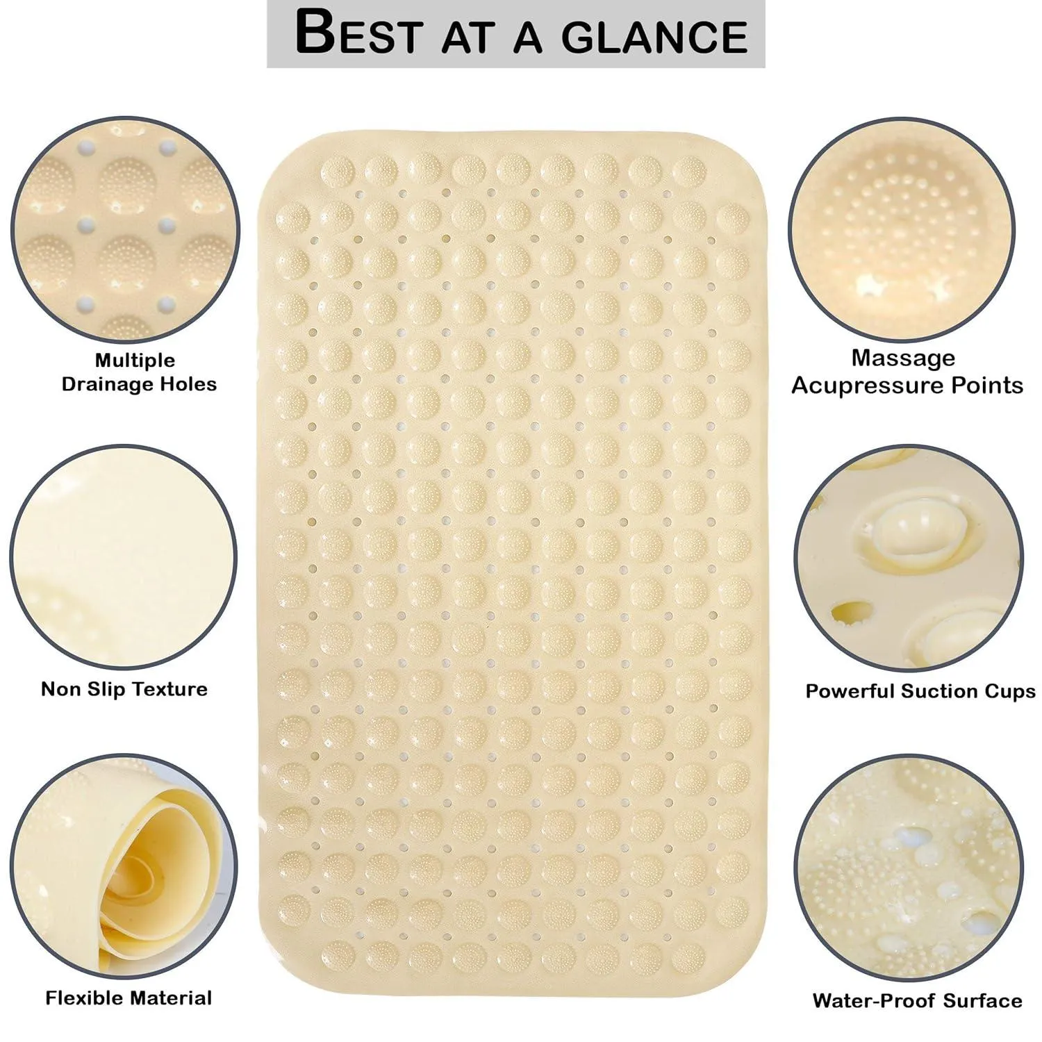 PVC Shower Mat Anti-Slip with Massage Acupressure Points, 58x88 cm, Beige