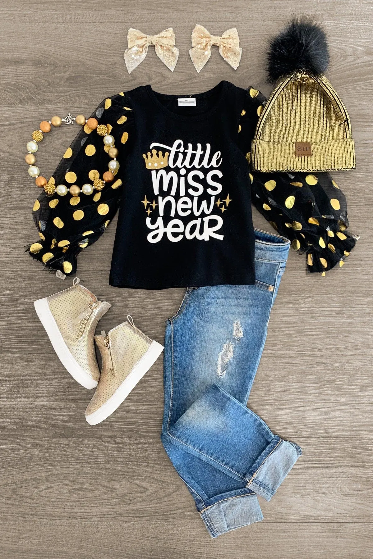 "Little Miss New Year" Black Puff Sleeve Top