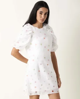 Rareism Women Bonito White Poly Cotton Fabric Short Sleeves Zip Closure Round Neck Balloon Sleeve Tailored Fit Polka Short Dress