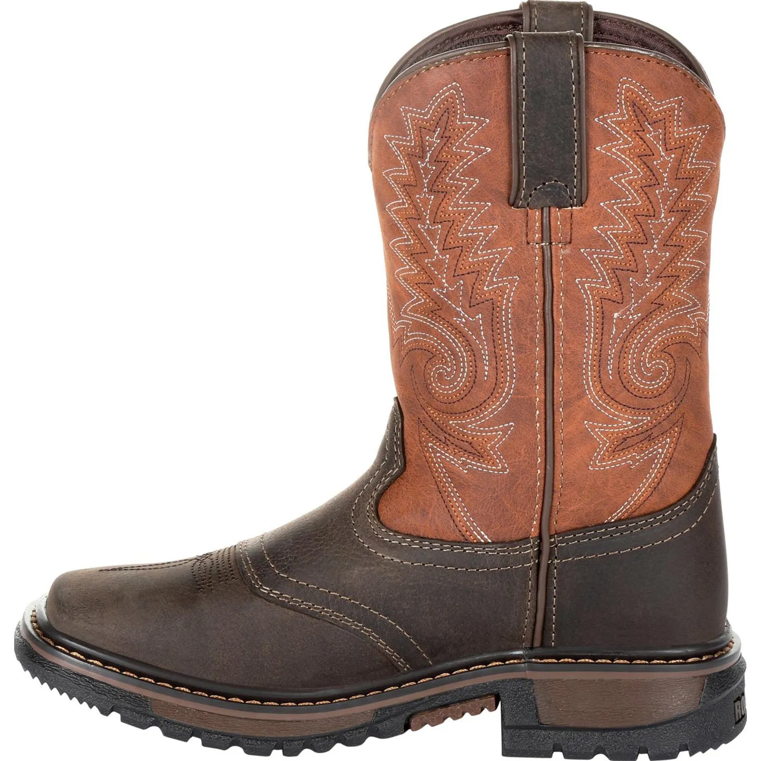 Rocky Youth Boys Chocolate/Orange Leather Ride FLX Cowboy Boots