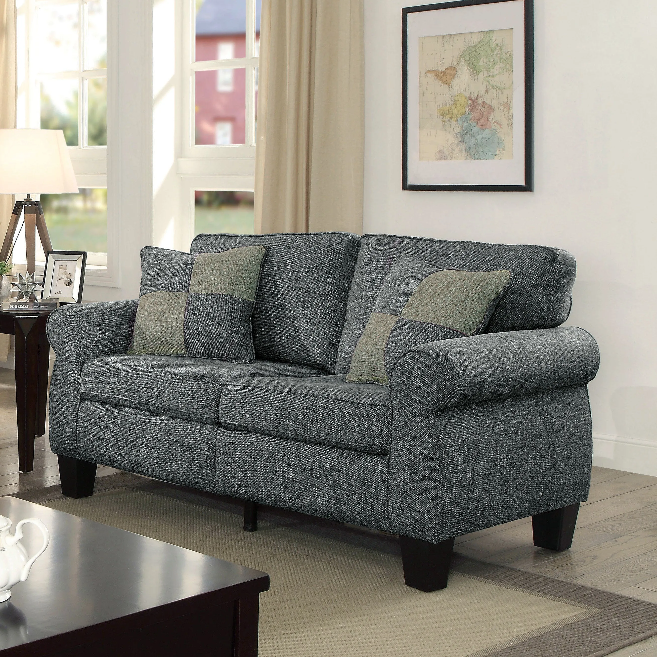 Serina Transitional Grey Linen-Like Fabric Plush Loveseat with Pillows