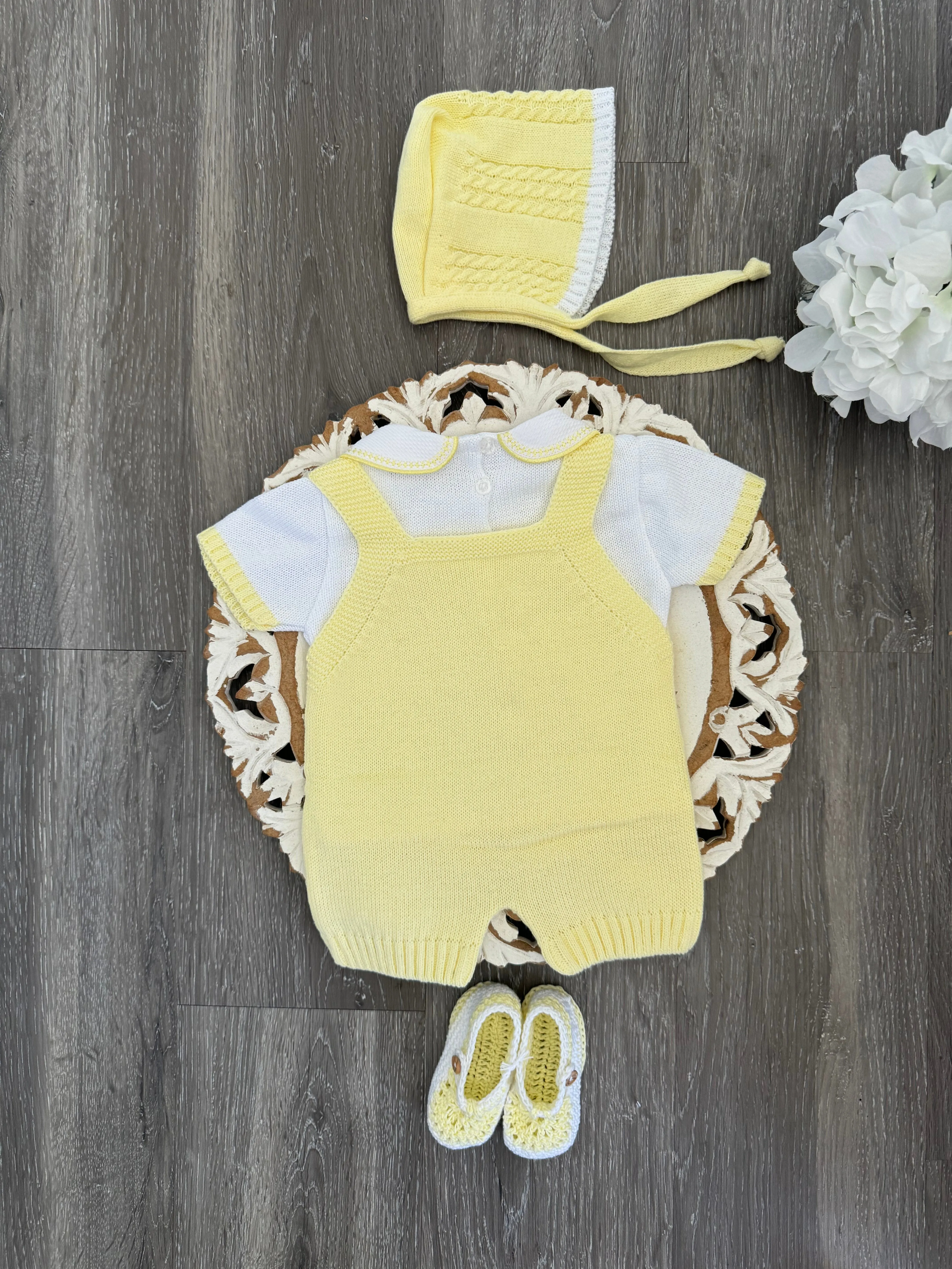 Triple Link Knit Pattern Lines Baby Short Romper Set in Yellow and White