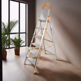 UMAI Aluminium Ladder for Home 6 Steps Foldable | Large Platform | Anti-Slip Steps Edge Guard | Heavy Duty Foldable Ladder House Use | Slip-Resistant Durable Wide Steps | Orange and Silver