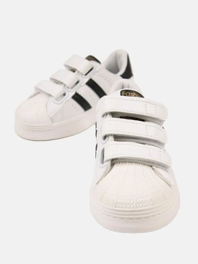 Unisex Triple Strap Trainers with Stripes - White and Black