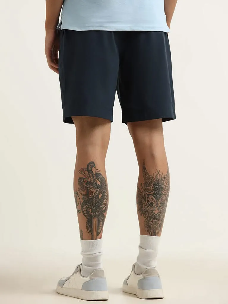 WES Casuals Blue Plain Cotton Blend Relaxed Fit Shorts