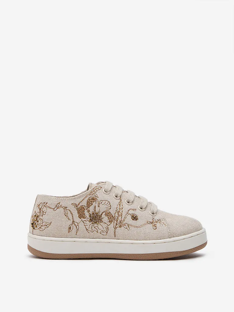 Yellow Beige Floral Embroidered Lace-Up Sneakers