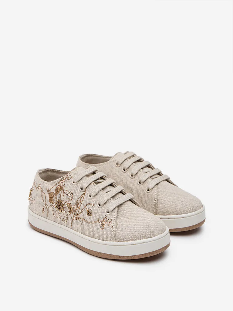 Yellow Beige Floral Embroidered Lace-Up Sneakers