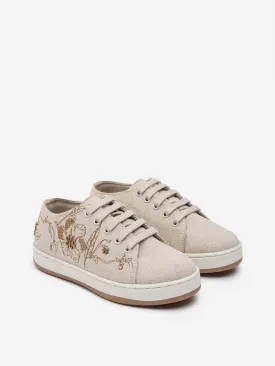 Yellow Beige Floral Embroidered Lace-Up Sneakers